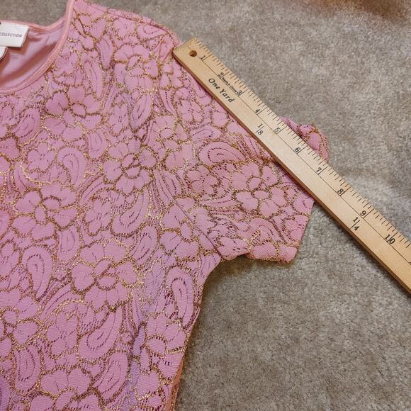 JM Collection Size Small Nylon Pink Floral Flower Textured Short Sleeve Blouse - Picture 3 of 8